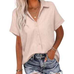 imageHOTOUCH Linen Button Down Shirt Women Short Sleeve Cotton Blouses V Neck Collared Summer Beach Tops S2XLKhaki