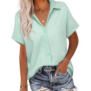 imageHOTOUCH Linen Button Down Shirt Women Short Sleeve Cotton Blouses V Neck Collared Summer Beach Tops S2XLLight Green