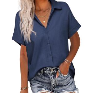 imageHOTOUCH Linen Button Down Shirt Women Short Sleeve Cotton Blouses V Neck Collared Summer Beach Tops S2XLNavy Blue