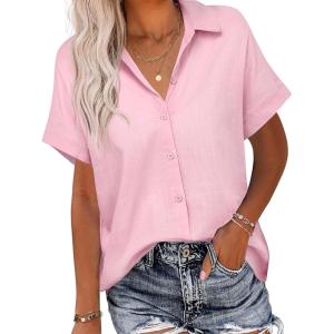 imageHOTOUCH Linen Button Down Shirt Women Short Sleeve Cotton Blouses V Neck Collared Summer Beach Tops S2XLPink