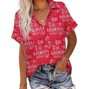 imageHOTOUCH Linen Button Down Shirt Women Short Sleeve Cotton Blouses V Neck Collared Summer Beach Tops S2XLRed Boho