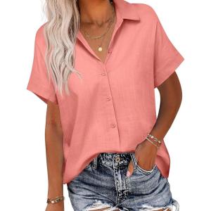 imageHOTOUCH Linen Button Down Shirt Women Short Sleeve Cotton Blouses V Neck Collared Summer Beach Tops S2XLTangerine