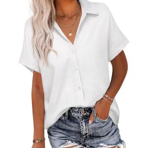 imageHOTOUCH Linen Button Down Shirt Women Short Sleeve Cotton Blouses V Neck Collared Summer Beach Tops S2XLWhite