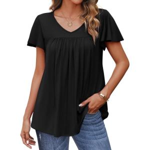 imageHOTOUCH Womens Flowy Sleeve Pleated Tunic Plus Size Tops Casual V Neck Blouses Loose Floral Short Sleeve Summer ShirtsBlack