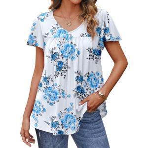 imageHOTOUCH Womens Flowy Sleeve Pleated Tunic Plus Size Tops Casual V Neck Blouses Loose Floral Short Sleeve Summer ShirtsBlue Flower