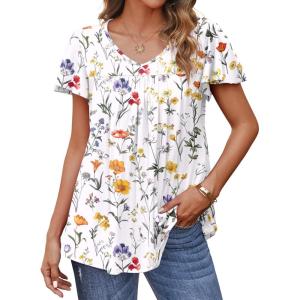 imageHOTOUCH Womens Flowy Sleeve Pleated Tunic Plus Size Tops Casual V Neck Blouses Loose Floral Short Sleeve Summer ShirtsColourful Small Flowers