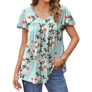 imageHOTOUCH Womens Flowy Sleeve Pleated Tunic Plus Size Tops Casual V Neck Blouses Loose Floral Short Sleeve Summer ShirtsFlower Cluster Light Green