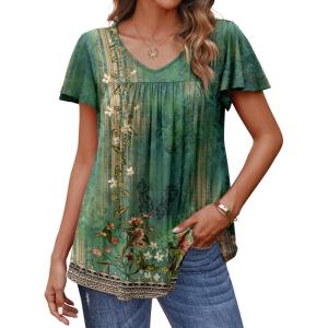 imageHOTOUCH Womens Flowy Sleeve Pleated Tunic Plus Size Tops Casual V Neck Blouses Loose Floral Short Sleeve Summer ShirtsGrey Green