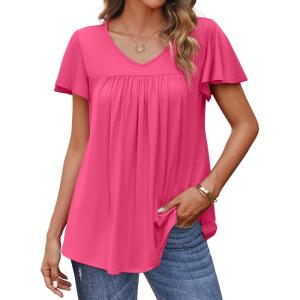 imageHOTOUCH Womens Flowy Sleeve Pleated Tunic Plus Size Tops Casual V Neck Blouses Loose Floral Short Sleeve Summer ShirtsRose Red
