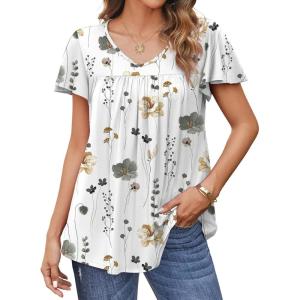 imageHOTOUCH Womens Flowy Sleeve Pleated Tunic Plus Size Tops Casual V Neck Blouses Loose Floral Short Sleeve Summer ShirtsWhite