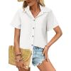 imageHOTOUCH Cotton Linen Button Down Shirt for Women V Neck Collared Blouse Casual Short Sleeve Tops with PocketA01white