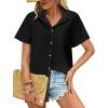 imageHOTOUCH Cotton Linen Button Down Shirt for Women V Neck Collared Blouse Casual Short Sleeve Tops with PocketA02black