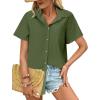 imageHOTOUCH Cotton Linen Button Down Shirt for Women V Neck Collared Blouse Casual Short Sleeve Tops with PocketArmy Green