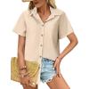 imageHOTOUCH Cotton Linen Button Down Shirt for Women V Neck Collared Blouse Casual Short Sleeve Tops with PocketChampagne