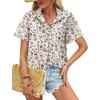 imageHOTOUCH Cotton Linen Button Down Shirt for Women V Neck Collared Blouse Casual Short Sleeve Tops with PocketFloral Apricot