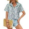 imageHOTOUCH Cotton Linen Button Down Shirt for Women V Neck Collared Blouse Casual Short Sleeve Tops with PocketFloral Blue