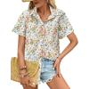 imageHOTOUCH Cotton Linen Button Down Shirt for Women V Neck Collared Blouse Casual Short Sleeve Tops with PocketFloral Colorful