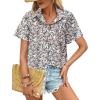 imageHOTOUCH Cotton Linen Button Down Shirt for Women V Neck Collared Blouse Casual Short Sleeve Tops with PocketFloral Purple