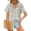 imageHOTOUCH Cotton Linen Button Down Shirt for Women V Neck Collared Blouse Casual Short Sleeve Tops with PocketFloral White