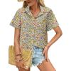 imageHOTOUCH Cotton Linen Button Down Shirt for Women V Neck Collared Blouse Casual Short Sleeve Tops with PocketFloral Yellow