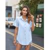 imageHOTOUCH Cotton Linen Button Down Shirt for Women V Neck Collared Blouse Casual Short Sleeve Tops with PocketLight Blue