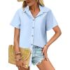 imageHOTOUCH Cotton Linen Button Down Shirt for Women V Neck Collared Blouse Casual Short Sleeve Tops with PocketLight Blue