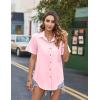 imageHOTOUCH Cotton Linen Button Down Shirt for Women V Neck Collared Blouse Casual Short Sleeve Tops with PocketLight Pink
