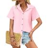 imageHOTOUCH Cotton Linen Button Down Shirt for Women V Neck Collared Blouse Casual Short Sleeve Tops with PocketLight Pink
