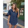 imageHOTOUCH Cotton Linen Button Down Shirt for Women V Neck Collared Blouse Casual Short Sleeve Tops with PocketNavy