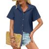 imageHOTOUCH Cotton Linen Button Down Shirt for Women V Neck Collared Blouse Casual Short Sleeve Tops with PocketNavy