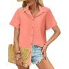 imageHOTOUCH Cotton Linen Button Down Shirt for Women V Neck Collared Blouse Casual Short Sleeve Tops with PocketWatermelon Red