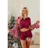 imageHOTOUCH Womens Satin Pajamas Set Button Down 2 Piece Silk Pjs Shorts Set Ruffle Lingerie Notch Collar SleepwearWine Red