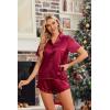 imageHOTOUCH Womens Satin Pajamas Set Button Down 2 Piece Silk Pjs Shorts Set Ruffle Lingerie Notch Collar SleepwearWine Red