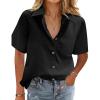imageHOTOUCH Cotton Linen Button Down Shirt for Women V Neck Collared Blouse Casual Short Sleeve Tops with PocketA02black