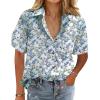imageHOTOUCH Cotton Linen Button Down Shirt for Women V Neck Collared Blouse Casual Short Sleeve Tops with PocketFloral Blue