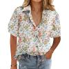 imageHOTOUCH Cotton Linen Button Down Shirt for Women V Neck Collared Blouse Casual Short Sleeve Tops with PocketFloral Colorful