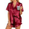 imageHOTOUCH Womens Satin Pajamas Set Button Down 2 Piece Silk Pjs Shorts Set Ruffle Lingerie Notch Collar SleepwearWine Red