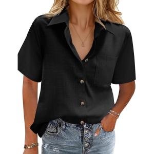 imageHOTOUCH Cotton Linen Button Down Shirt for Women V Neck Collared Blouse Casual Short Sleeve Tops with PocketA02black