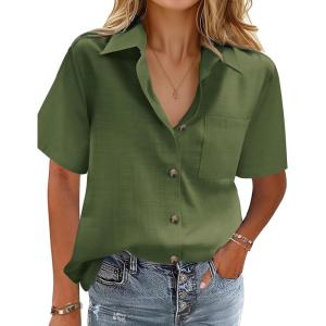 imageHOTOUCH Cotton Linen Button Down Shirt for Women V Neck Collared Blouse Casual Short Sleeve Tops with PocketArmy Green