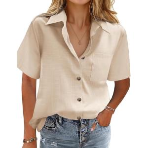 imageHOTOUCH Cotton Linen Button Down Shirt for Women V Neck Collared Blouse Casual Short Sleeve Tops with PocketChampagne