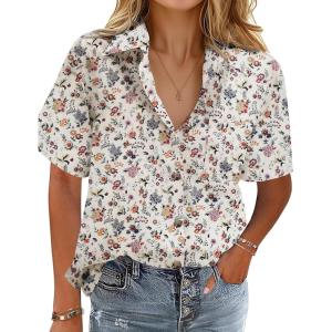 imageHOTOUCH Cotton Linen Button Down Shirt for Women V Neck Collared Blouse Casual Short Sleeve Tops with PocketFloral Apricot
