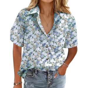 imageHOTOUCH Cotton Linen Button Down Shirt for Women V Neck Collared Blouse Casual Short Sleeve Tops with PocketFloral Blue