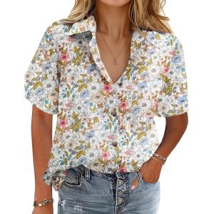 imageHOTOUCH Cotton Linen Button Down Shirt for Women V Neck Collared Blouse Casual Short Sleeve Tops with PocketFloral Colorful