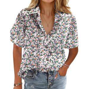 imageHOTOUCH Cotton Linen Button Down Shirt for Women V Neck Collared Blouse Casual Short Sleeve Tops with PocketFloral Purple