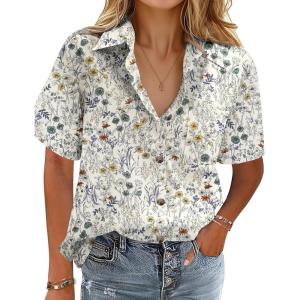 imageHOTOUCH Cotton Linen Button Down Shirt for Women V Neck Collared Blouse Casual Short Sleeve Tops with PocketFloral White