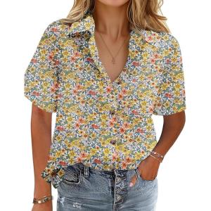 imageHOTOUCH Cotton Linen Button Down Shirt for Women V Neck Collared Blouse Casual Short Sleeve Tops with PocketFloral Yellow