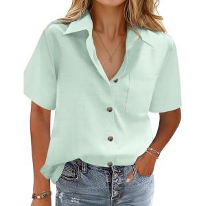 imageHOTOUCH Cotton Linen Button Down Shirt for Women V Neck Collared Blouse Casual Short Sleeve Tops with PocketLight Green