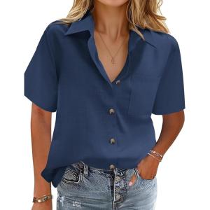 imageHOTOUCH Cotton Linen Button Down Shirt for Women V Neck Collared Blouse Casual Short Sleeve Tops with PocketNavy