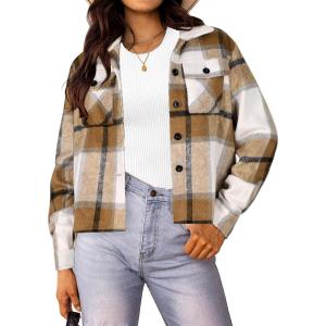 imageHOTOUCH Womens Flannels Fall Cropped Shacket Plaid Jacket Long Sleeve Button Down Coat 2024 Fall Fashion Trendy OutfitsApricot Fall Flannel