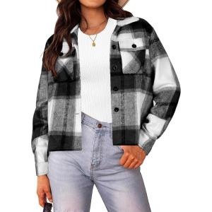 imageHOTOUCH Womens Flannels Fall Cropped Shacket Plaid Jacket Long Sleeve Button Down Coat 2024 Fall Fashion Trendy OutfitsBlack Flannel